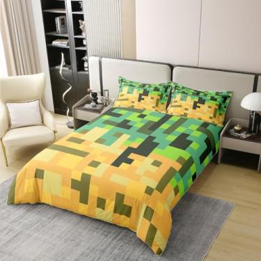 Imagem de Manfei Jogo de cama Pixelated Miners Game Girls tamanho solteiro 100% algodão, jogo de capa de edredom de videogame geométrico, gamepad quadriculado moderno, capa de edredom para jogos, verde amarelo