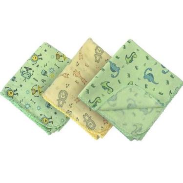 Imagem de Kit 3 Cueiro Flanelado Estampado 80X80 Com Crochê Neutro - Dugu