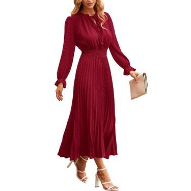 Imagem de Vestido PRETTYGARDEN Midi Plissado Vinho Manga Longa Tamanho L