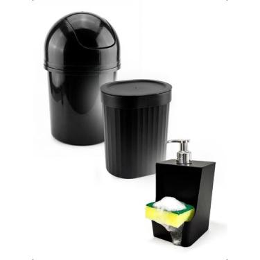 Imagem de Kit Cozinha 2 Lixeiras 14L+2,5L Porta Detergente Pia Bancada - Preto -