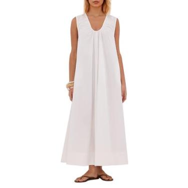 Imagem de Vestido maxi Ardrem sem mangas, franzido, gola redonda, branco, femini