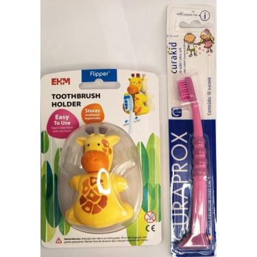 Imagem de KIT1 escova dental infantil rosa curakid curaprox + 1 porta escova bichinho