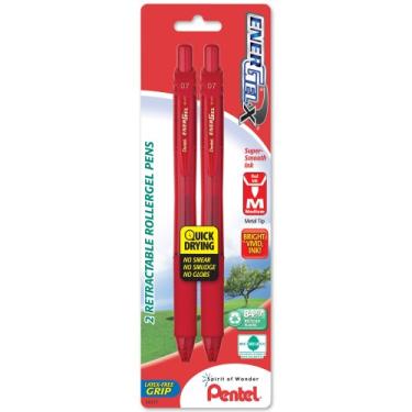 Imagem de Pentel, EnerGel-X Caneta de gel líquido retrátil 0,7 mm, ponta de metal, tinta média, vermelha (pacote com 2)