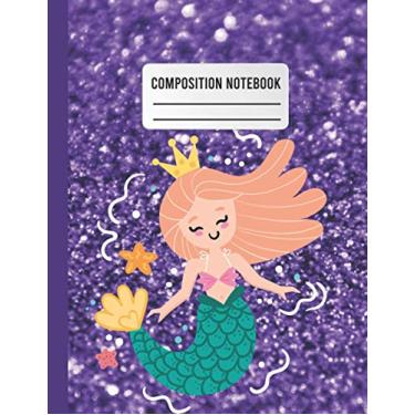 Imagem de Caderno de composição: Caderno de composição de sereia, papel pautado com linhas largas com fundo roxo de glitter para faculdade, meninas da escola