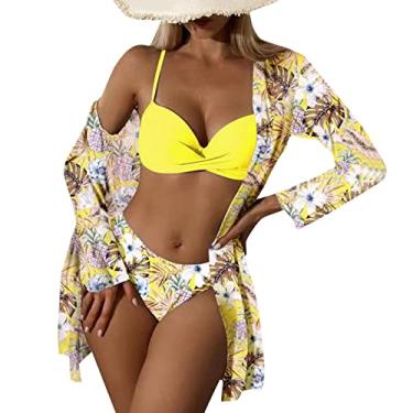 Imagem de Biquínis femininos de cintura alta 2024 sexy conjunto de biquíni 3 peças saída de praia para mulheres com estampa floral frente única, F, G