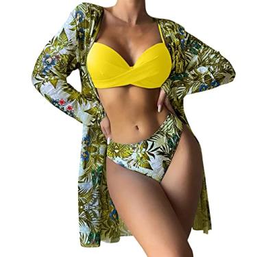 Imagem de Biquínis femininos de cintura alta 2024 sexy conjunto de biquíni 3 peças saída de praia para mulheres com estampa floral frente única, P, G