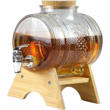 Imagem de Dispensador de bebidas de vidro 1L/3L/5L com torneira à prova de vazamentos, barril dispensador de bebidas com suporte de madeira resistente, recipiente de chaleira para bebidas frias para g
