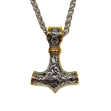 Imagem de FANCY-J Colar masculino viking com pingente de amuleto nórdico Mjolnir em aço inoxidável, comprimento da corrente 61 cm, Aço inoxidável, aço inoxidável