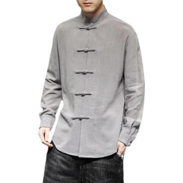 Imagem de Camisa masculina com botões chineses primavera outono algodão linho manga longa cor sólida casual cardigã masculino business top, Cinza 9, P
