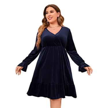 Imagem de KOJOOIN Vestido feminino de veludo plus size com decote em V, vestido rodado, manga comprida, vestido de festa, Botão azul marinho, 3G