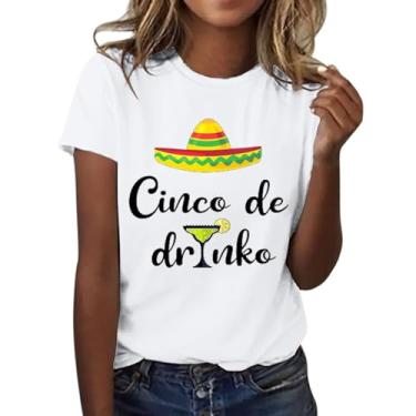 Imagem de Camiseta feminina Summer De Mayo com estampa de manga curta, roupa de festa mexicana, Branco, XXG