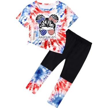 Imagem de DONWEN Roupas para meninas, roupas tie dye, 2 peças, blusa gráfica de manga curta, calça longa, roupas de verão para meninas, Bandeira americana, 8-9 Anos