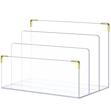 Imagem de Suporte de arquivo de acrílico pbf | Organizador de arquivos transparente para mesa com detalhes dourados | Organizador de mesa de acrílico, suporte de pasta, classificador de correio, suporte de