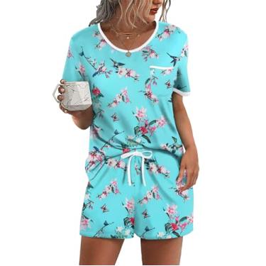 Imagem de Ekouaer Conjunto de pijama feminino, 2 peças, conjunto de pijama macio, bolso no peito, Flor - azul, XXG