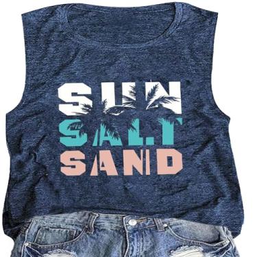 Imagem de Camiseta regata feminina Sun Sand Salt Coconut Tree com estampa gráfica havaiana verão praia casual solta, Azul areia, XXG