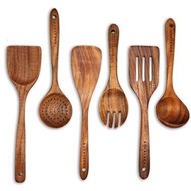 Imagem de Conjunto de utensílios de cozinha GreyWood, 6 peças de utensílios de cozinha de madeira para panela antiaderente, espátula de madeira teca 100% natural