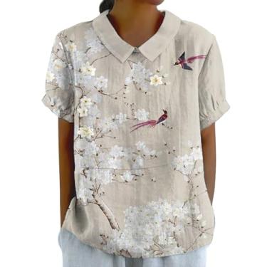 Imagem de Camiseta feminina de linho, manga curta, estampa floral, gola redonda, caimento solto, blusa casual de verão, Prata, G