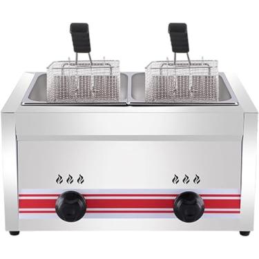 Imagem de Fritadeira a gás de grande capacidade 10/20/30L, fritadeira a GLP de aço inoxidável para uso doméstico e comercial, potência de fogo ajustável, com cestos e tampas, para batatas fritas, donu