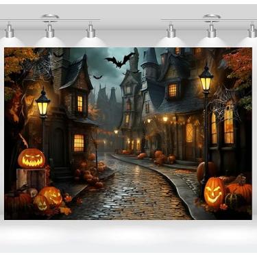 Imagem de Happy Halloween Cenário Castelo Morcego Noite Assustadora Abóbora Crianças Retrato Decoração Pano de Fundo Estúdio de Fotos 7 x 5FT