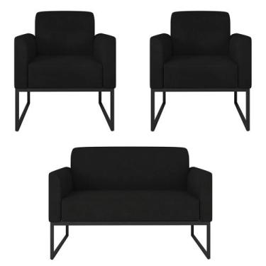 Imagem de Kit Namoradeira e 2 Poltronas Decorativas Base Industrial Preta Maress