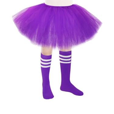 Imagem de Zhanmai Saia tutu de 5 camadas para crianças, saia tutu de tule com meias tubulares, fantasias de princesa corredores, cosplay para meninas e crianças (roxo, branco)
