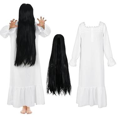 Imagem de ramede Conjunto de 2 peças de fantasia feminina de fantasma com camisola vitoriana branca, manga comprida, vestido vintage, preto, peruca reta longa para cosplay de terror e Halloween, Branco, M