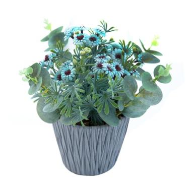 Imagem de Ewtogift Plantas artificiais de margaridas falsas de 23 cm com flores brancas e azuis em vaso de plástico ciano, eucalipto realista, folhas brancas foscas, penduradas, para decoração de janela de