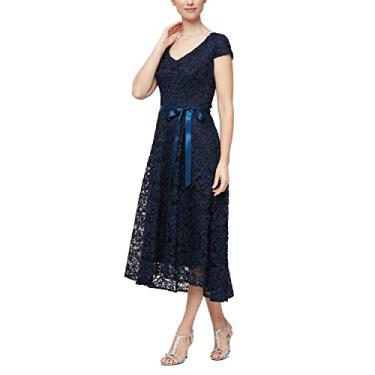 Imagem de Alex Evenings Vestido feminino bordado elástico evasê com cinto de amarrar, Manga cavada azul-marinho, 48