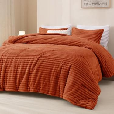 Imagem de Andency Conjunto de edredom completo de lã, 3 peças, terracota, para cama de casal, macio, quente, fofo, felpudo, laranja queimado para o inverno (1 edredom e 2 fronhas)