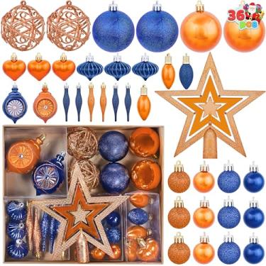 Imagem de JOIEDOMI 36 peças de enfeites de árvore de Natal azul e laranja com topo de estrela e coração, conjunto de enfeites de bola de Natal inquebráveis, decorações sortidas de Natal para guirlandas de