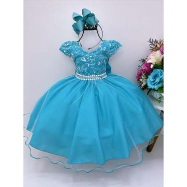 Imagem de Vestido infantil azul tiffany c/ renda cinto de pérolas luxo - d-luxe,