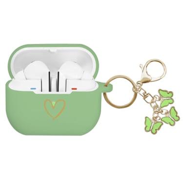 Imagem de AIIEKZ Compatível com Samsung Galaxy Buds 3 Pro e Galaxy Buds 3 (2024), capa de silicone macio com padrão de coração dourado com chaveiro de borboleta fofo para meninas e mulheres (verde Matcha)