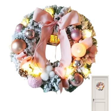 Imagem de Guirlanda de bola de Natal,Guirlanda de neve de Natal - Guirlanda de porta da frente com luzes e bola de Natal | Decoração de férias com guirlanda realista requintada e festiva para quarto, sala de es