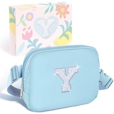 Imagem de COSHAYSOO Pochete de cintura pequena com faixa ajustável com inicial de letra remendo alça ajustável para mulheres adolescentes correndo viajando academia caminhadas, mini bolsa transversal de viagem transversal transversal bolsa moderna, Azul, Small, Y