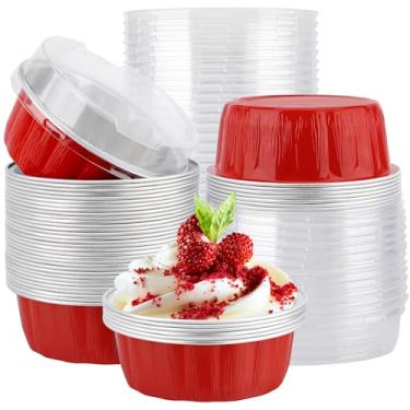 Imagem de EUSOAR Recipiente de bolo, 50 peças, suporte de panela de alumínio vermelho de 255 g com tampa, ramequins de folha descartável, seguro, cupcakes, pudim de pão, mini pão, suportes redondos com tampas