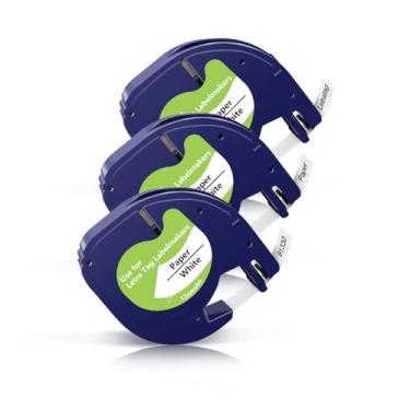 Imagem de Pacote com 3 refis de etiquetadora Letratag compatíveis com recargas de papel branco Dymo LetraTag 91330 10697, para Dymo LetraTag LT-100H LT-100T XM XR QX50, 1/2 polegada x 33 pés, fita de etiquetagem preta sobre branca LT