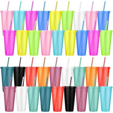 Imagem de LEIFEOSH 36 peças de copos de plástico com tampas e canudos, copos reutilizáveis com tampas, copos de plástico coloridos para festas, aniversários, xícara de café gelado, caneca de viagem, copos de