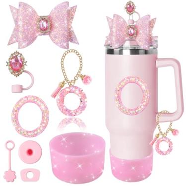 Imagem de XIANGYUAN Conjunto de 8 peças de acessórios rosa brilhante para copo Stanley Cup 850 g 1,134 g com alça, incluindo tampa de cobertura de palha de silicone, tampa à prova de derramamento, pingente de