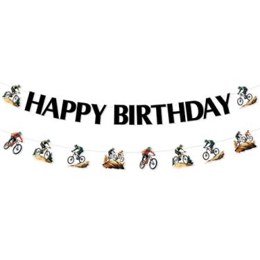 Imagem de JOYMEMO Banners de aniversário de bicicleta de montanha, decorações de aniversário de bicicleta BMX para adolescentes adultos, material de festa temático de bicicletas de corrida esportivas,