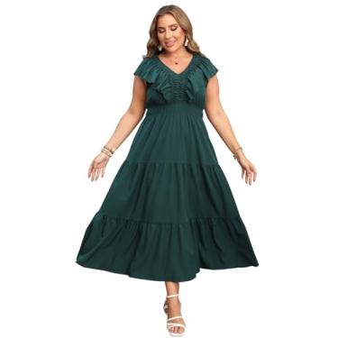 Imagem de ShopWonder Vestido maxi plus size para mulheres curvilíneas, gola V, babados, sem mangas, vestido boêmio, casual, modesto, floral, verão, Verde escuro, 4G