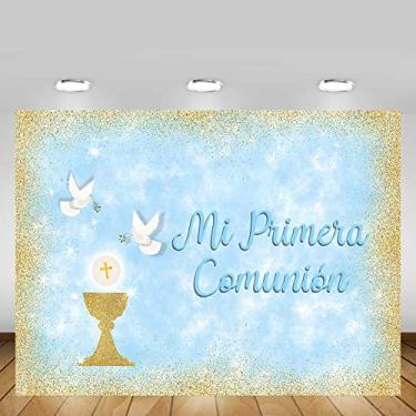 Imagem de MEHOFOND 2,4 x 1,8 m Pano de fundo para batismo Mi Primera Comunion Banner dourado glitter cálice pombas fundo fotografia azul sagrado God Bless First Holy Communion Party Baby Photo Booth Props