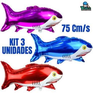 Imagem de Kit 3 Balões Metalizados Tubarão 75cm , Voa com Gás Hélio - Bonete imp