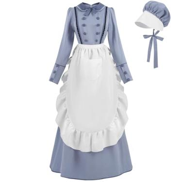 Imagem de Vestido feminino FCCAM Pioneer Prairie azul fantasia colonial feminina manga longa guerra civil vestido Amish com bolso XGG