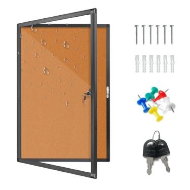 Imagem de OUOFS Quadro de avisos fechado ao ar livre, à prova de intempéries, 91,4 cm x 61 cm de cortiça bloqueável com porta de bloqueio, estojo de exibição de parede para escola, escritório - Design seguro e