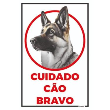 Imagem de Look Placas de Sinalização, Placa Sinalização Aviso Cuidado Cão Bravo Pastor Alemão Branco