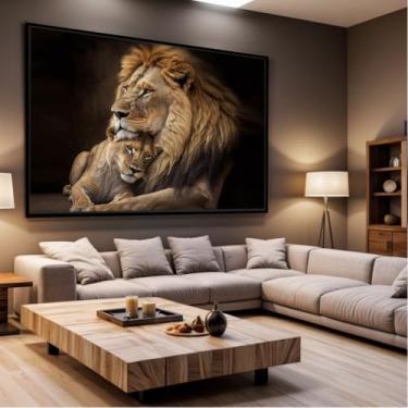 Imagem de Quadro Decorativo com Moldura Sala 130x90 Leão Leoa Família Luxo Grande Horizontal