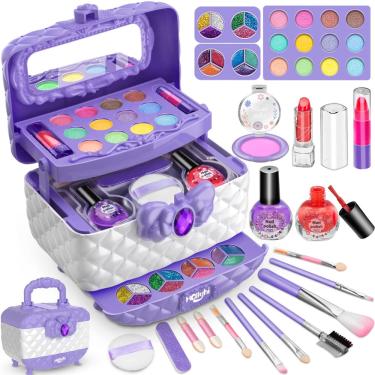 Imagem de Kit de maquiagem Hollyhi Kids para menina com estojo de cosméticos roxo