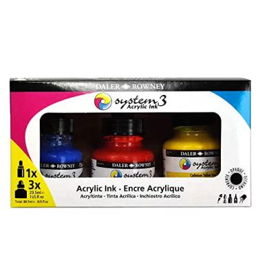 Imagem de Daler-Rowney System3 Conjunto de 3 cores de tinta acrílica para iniciantes - Tinta acrílica versátil para artistas e estudantes - Tinta de caligrafia opaca para desenho, ilustração, aerografia, caneta