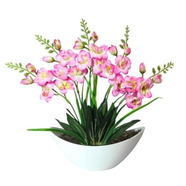 Imagem de Arranjo de Orquídea Artificial Rosa com Vaso Barca, 35 cm de altura, Flores de Silicone Real Toque (Vanda Branca Rosa)