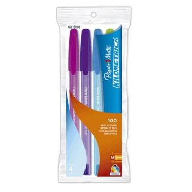 Imagem de Kit 4 Canetas Esferográfica Papermate Kilométrica 1.0 Tampa